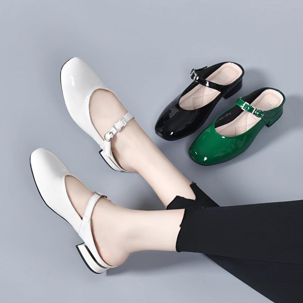 Genuine Leather Cowhide Half Slippers 2024 Summer New Fashion Mary Jane Shallow Mouth Round Toe High-heeled Womens Sandals 34-40