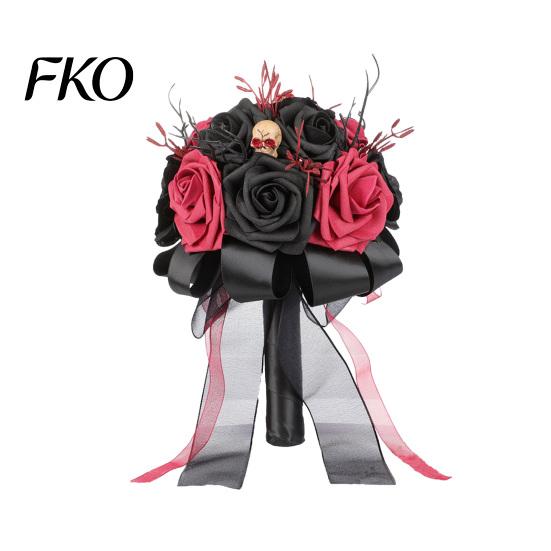 Pumpkin Decoration Bouquet Gothic Wedding Bride Bouquet, Artificial Black Red Rose Flower Flowers with Skeleton Hand Skull for Bridal Bridesmaid C