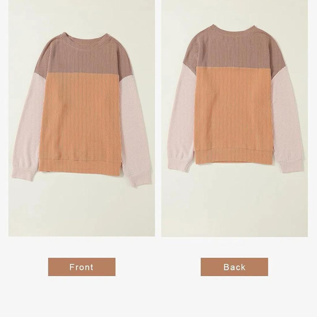 Womens Fashion Color Block Long Sleeve Crewneck Knitted Casual Loose Pullover Shirts Tops Sweatshirt T-Shirt