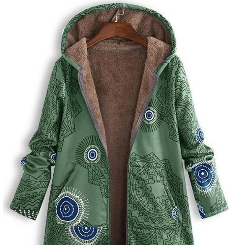 New Autumn Winter Women's Vintage Cotton Linen Coat, Thickened Zip-Up Hooded Jacket with Pockets and Floral Print