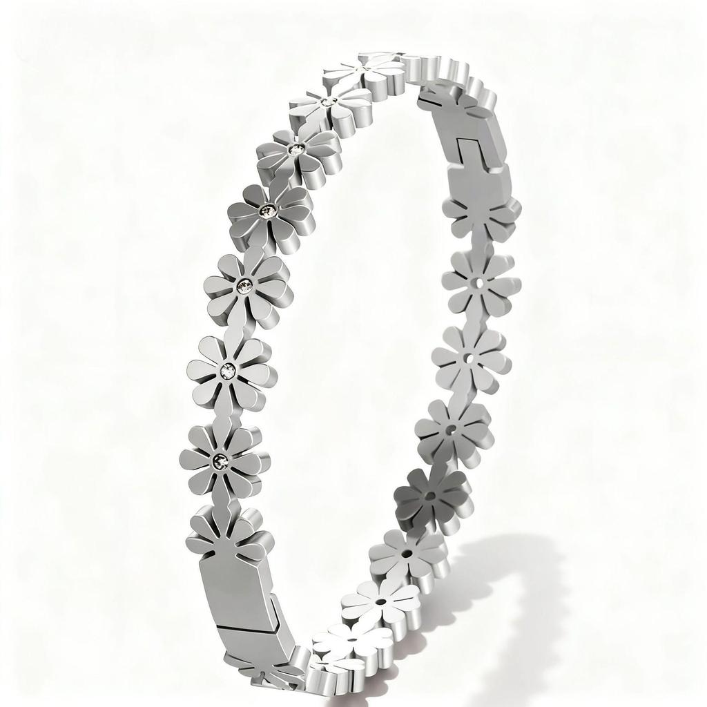 Elegant Women's Titanium Steel Daisy Bracelet with Rhinestone Accents