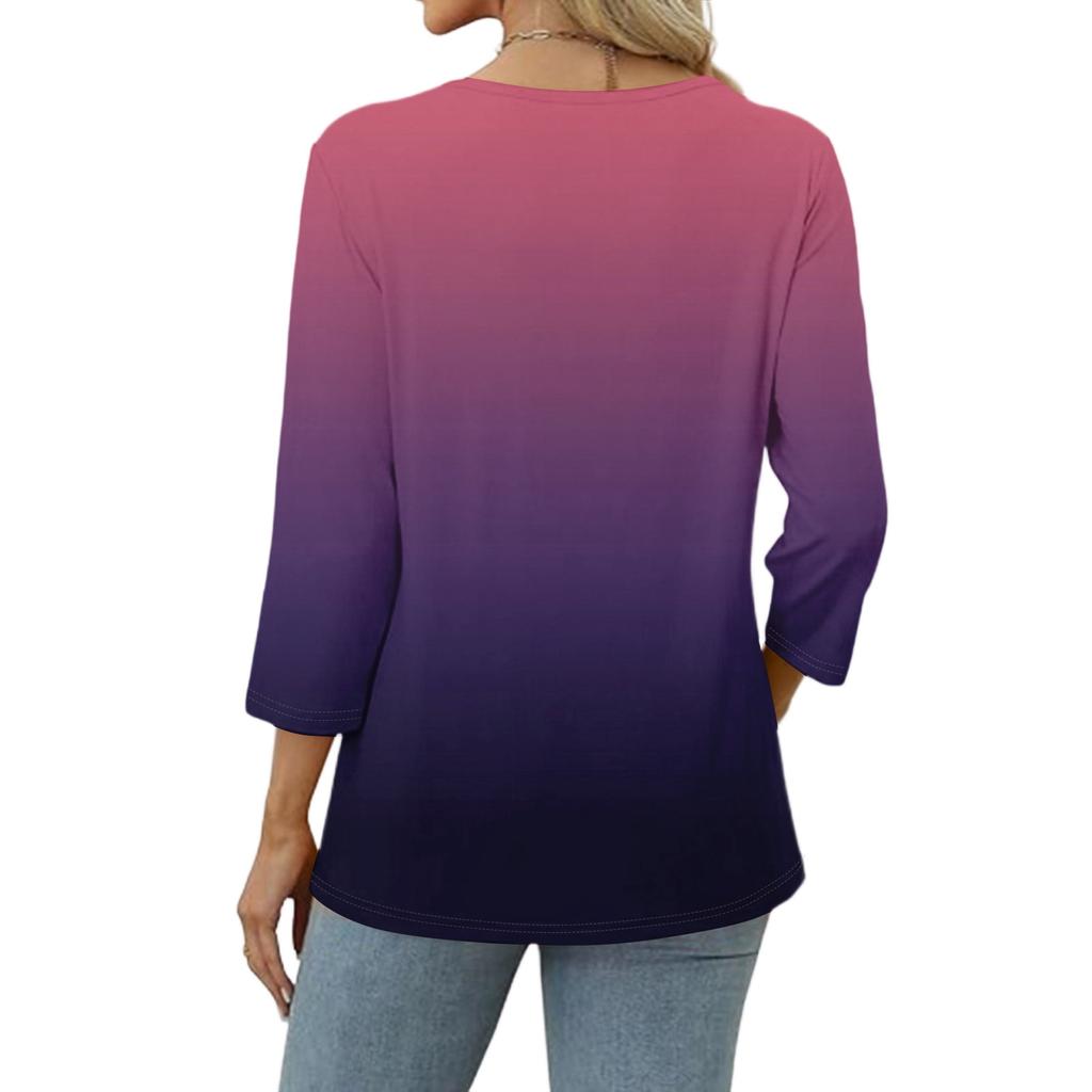 Women's Fashionable Casual Color Block Gradient Print V-Neck Button Three-Quarter Sleeve T-Shirt Top