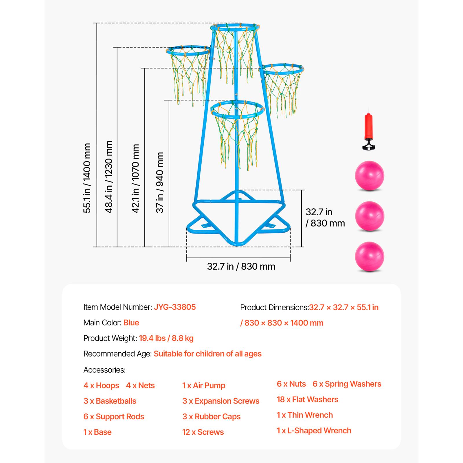 

SucceBuy 4-Hoop Kids Basketball Hoop Stand with Adjustable Heights & 3 Balls for Boys Girls Indoor Outdoor Basketball Sport Toys синий