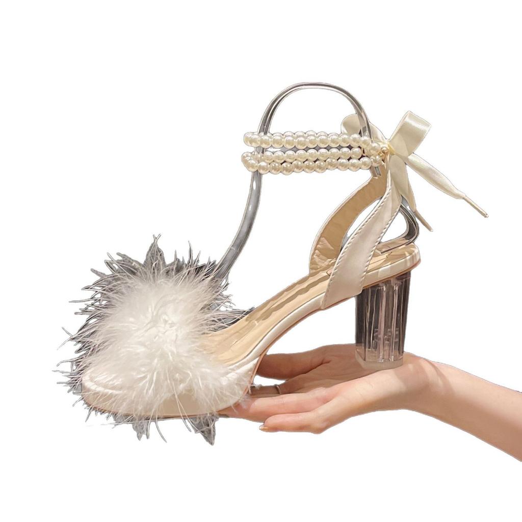 Summer new Korean version fashion pointed one-word buckle with high heels fashion casual women's Roman Mao Mao sandals