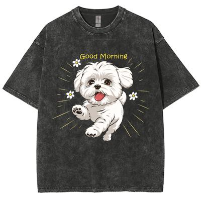 Cartoon Bichon Hund Print Damen T-Shirt Locker Rundhals Waschen Kurzarm Unisex Sweetheart Girly Tees