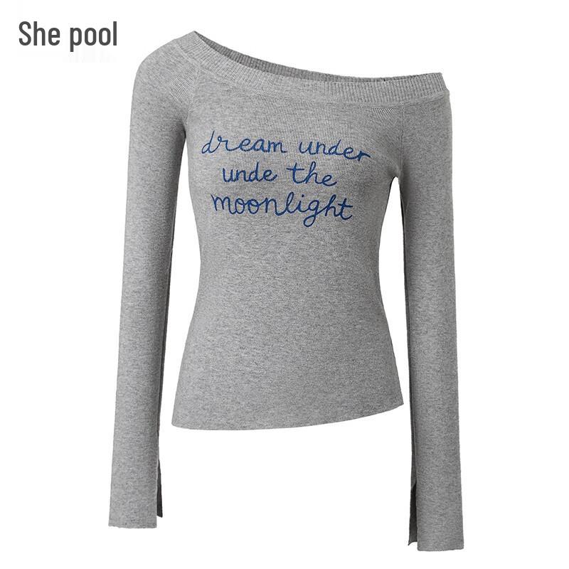 

Women s Letter Embroidered Off-Shoulder Knit Top One Size