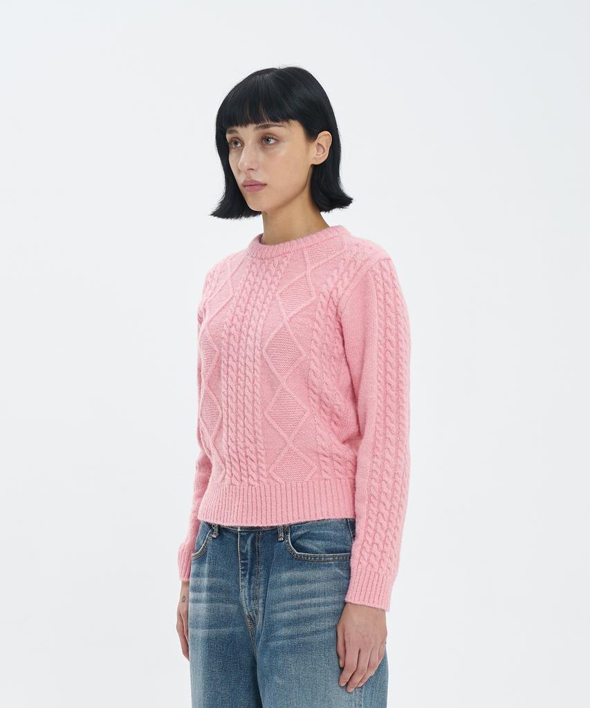 BLOND9 Fisherman Cable Wool Knit Sweater_Pink Rose