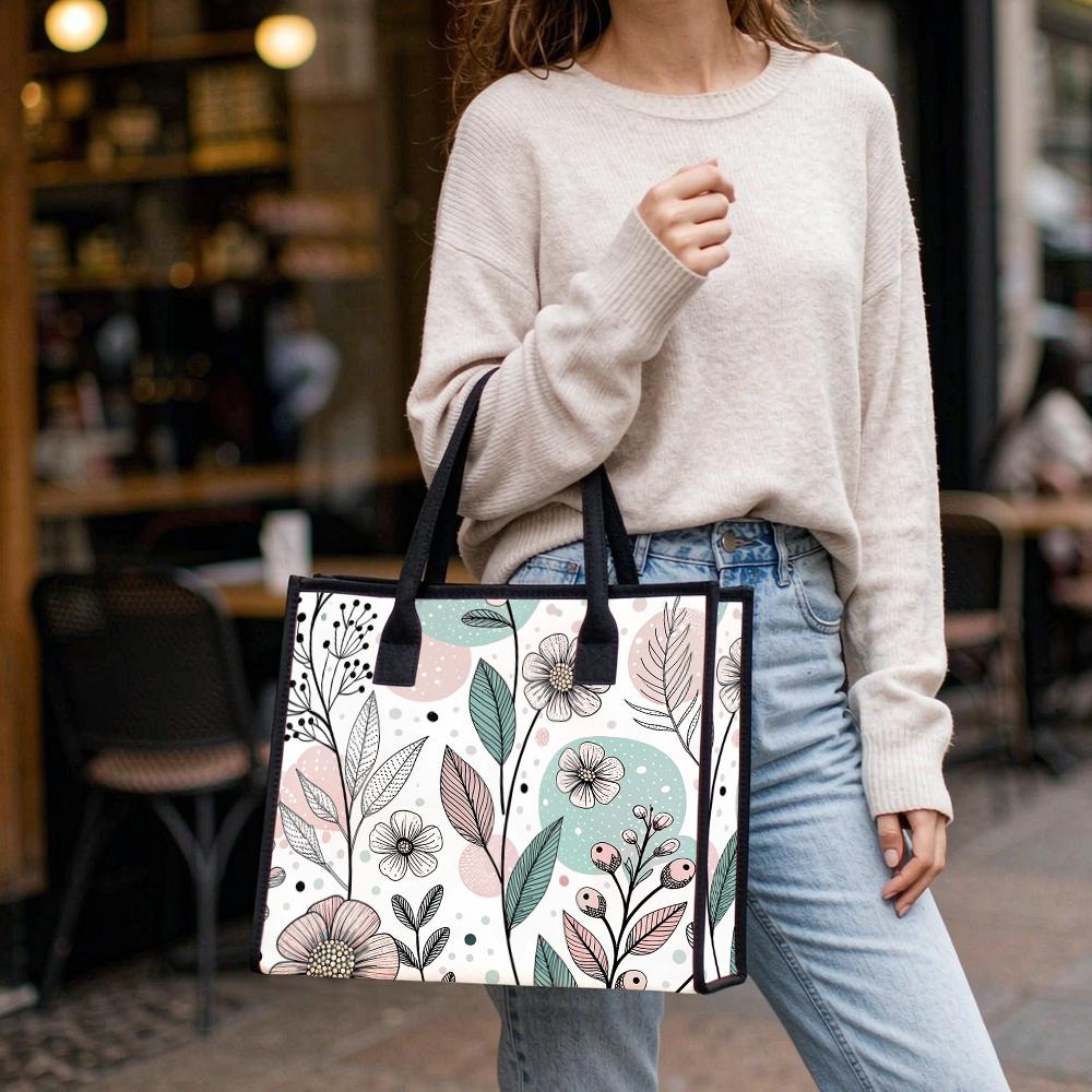 Cute Floral Print Casual Daily Tote Bag For Ladies Lightweight Fashionable Commuting Shoulder Bag Simple Practical Portable Shopping Bag
