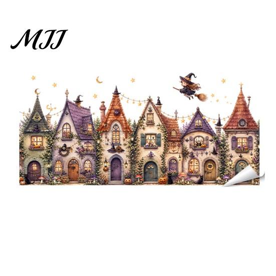 Gift for Halloween Party Setup Window Static Sticker, Castle/Bat/Pumpkin/Bouquet Printed, PVC Waterproof Removable Decorative Clings Decals
