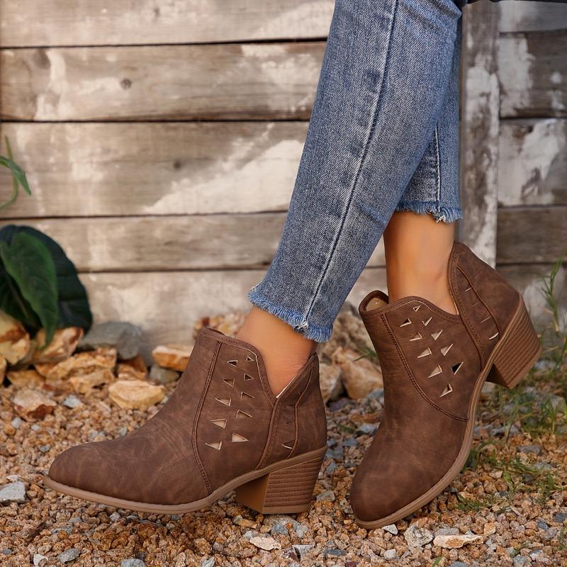 Women's Slip-On Chunky Mid-Heel Ankle Boots with Breathable Cut-Out Design - Round Toe Casual Faux Cover Booties, Fabric Lined
