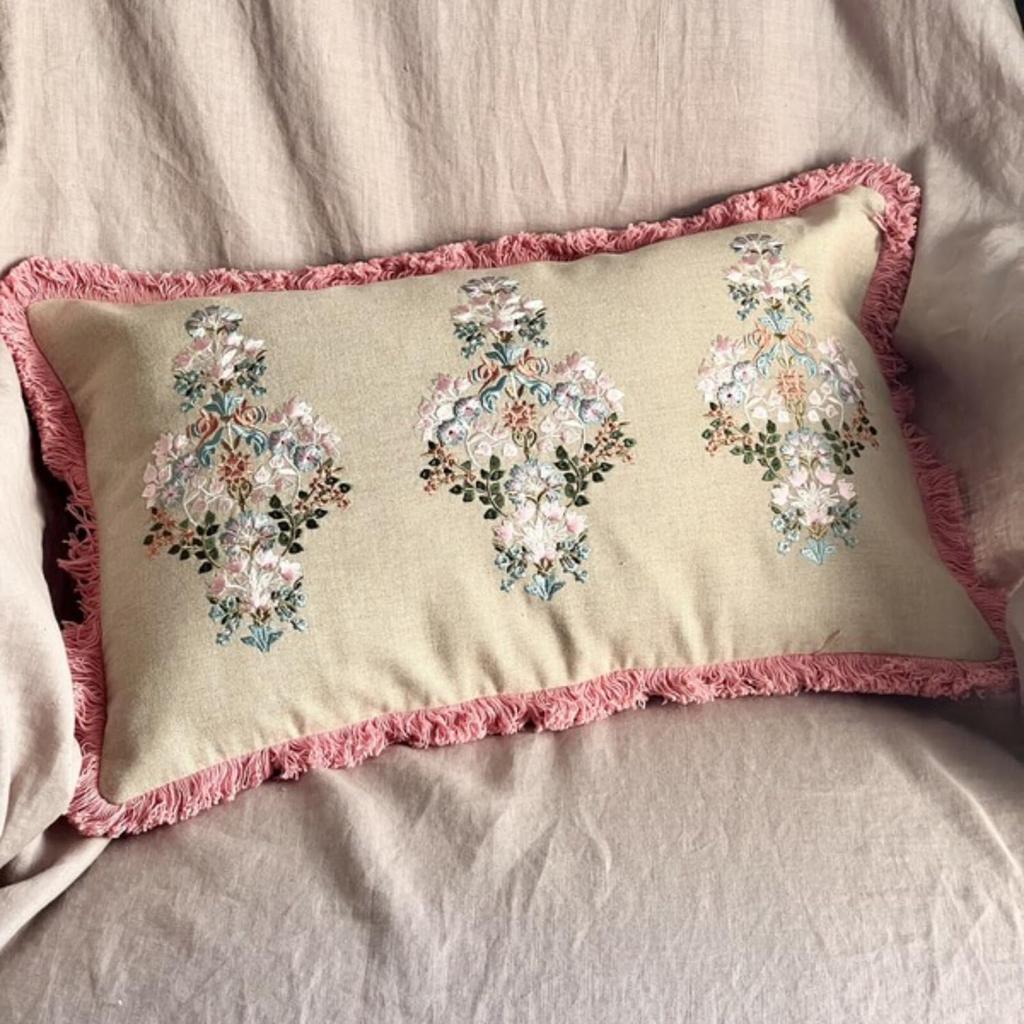 Vivienne Cushion 30x50cm Flower Embroidery Rectangular Cushion with Filling (Vivienne) [Fringe Pink] 82100CU-PK