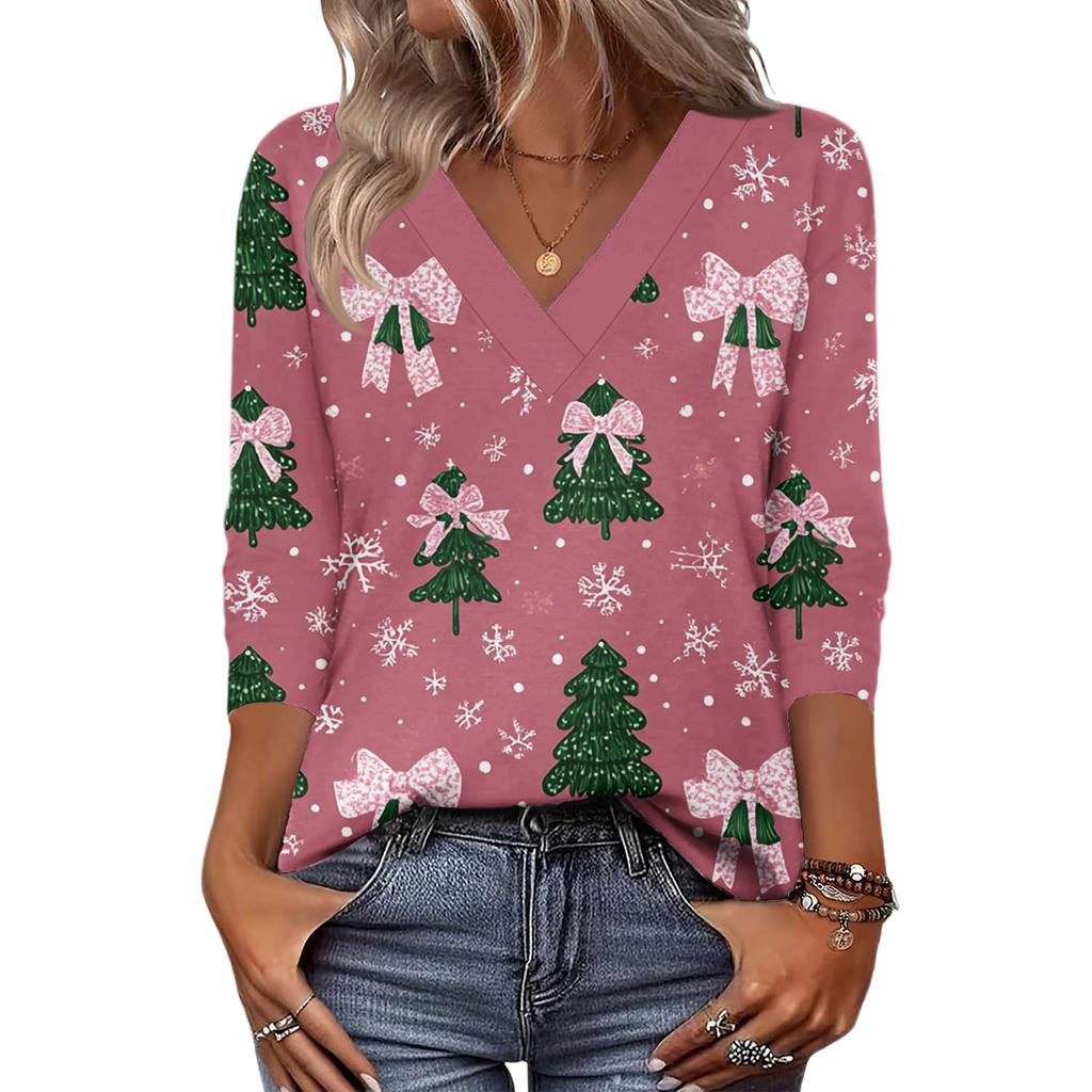 Women's Loose Comfortable Casual Fashion V-Neck Christmas Print 3/4 Sleeve Top
