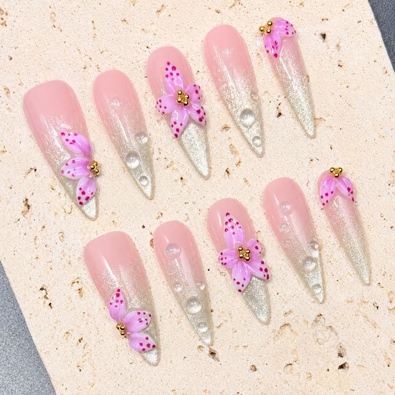 10pcs Handmade Press-On Nails With 3D Floral Design Nude Pink Gradient Glitter Long Almond Shape Women