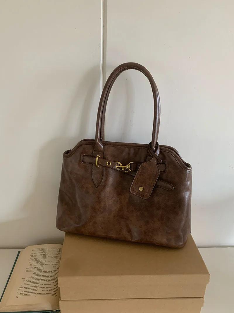 

Large Capacity Women s Tote Shoulder Bags Pu Leather Ladies Briefcase Bag Vintage Design Female Daily Commute Handbags Purse коричневий