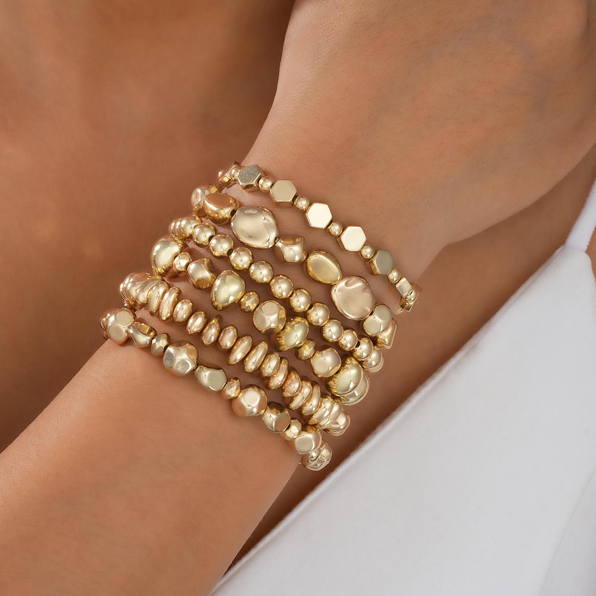 

6Pcs/Set Irregular Gold Color Beaded Handmade Bracelet For Women Versatile Geometric CCB Elastic Bracelet Retro Couples Jewelry
