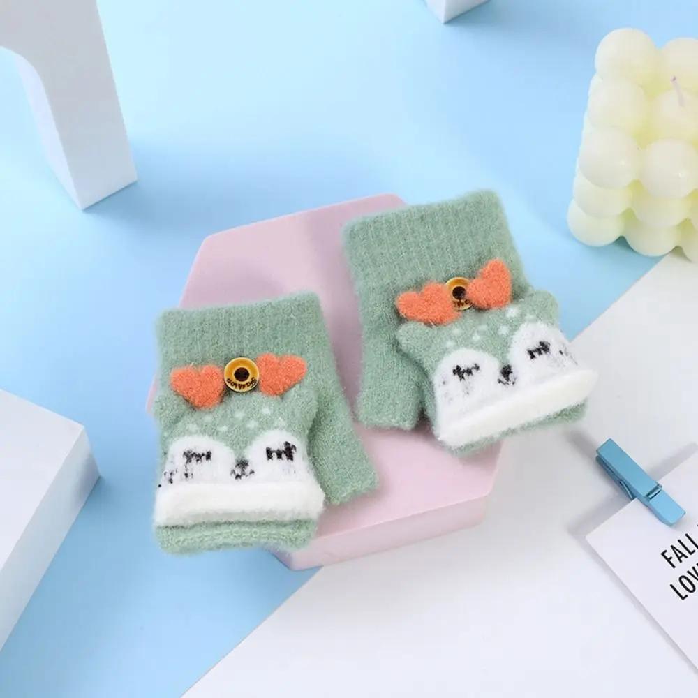 Winter Children Gloves Cute Flip Warm Mittens Fluffy Thick Boy Girl Cartoon Kids Half-finger 0-3Years Old Writing Soft Glove