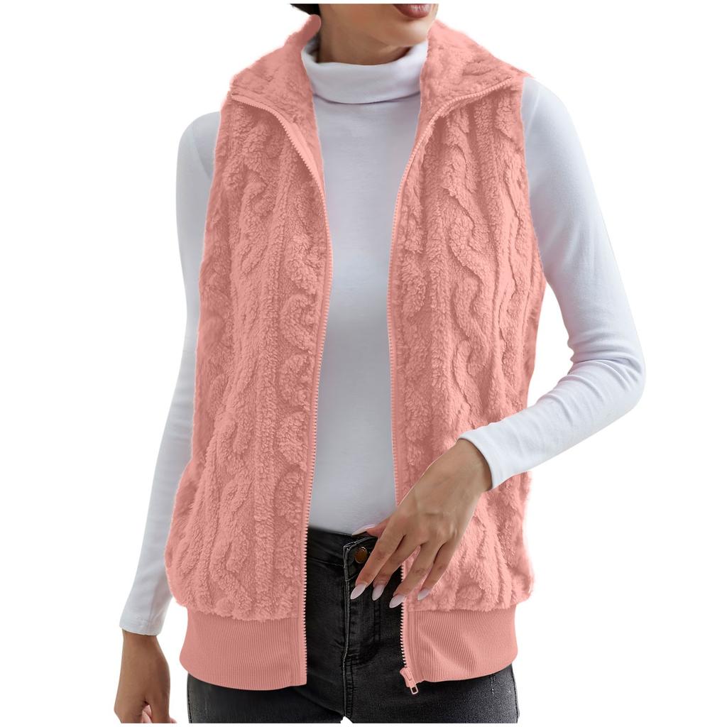 Fashionable Ladies Plaid Comfortable Fleece Cardigan Vest Stand Collar Sleeveless Women's Jacket