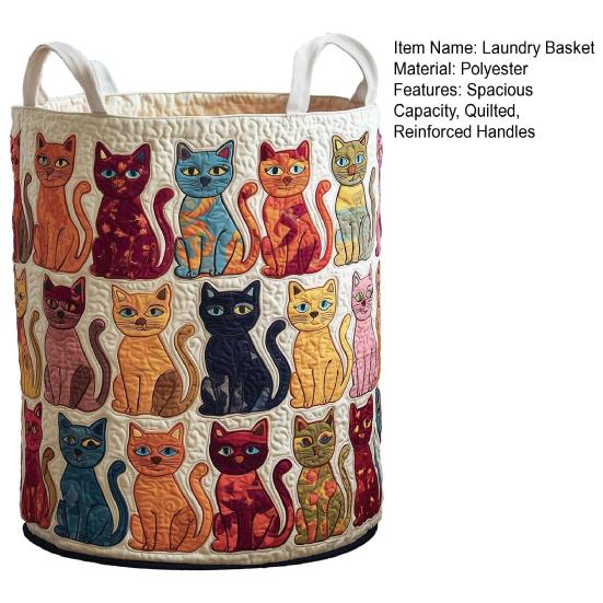 Quilted Laundry Basket Foldable Boho Fabric Laundry Hamper Cute Cat Storage Basket for Clothes Toys Blankets Nursery Bedroom