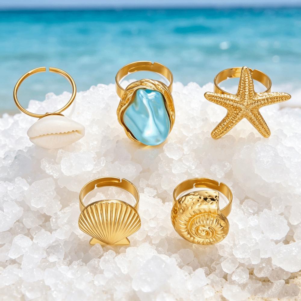 3/5Pcs Gold Color Finger Open Rings Conch Geometric Rings Vintage Starfish Open Ring Set Women