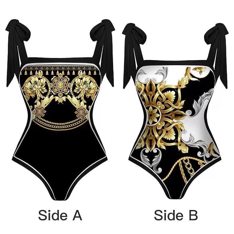 2024 Cross-Border Retro Hot Spring Print Lace-Up Sexy One-Piece Swimsuit Set
