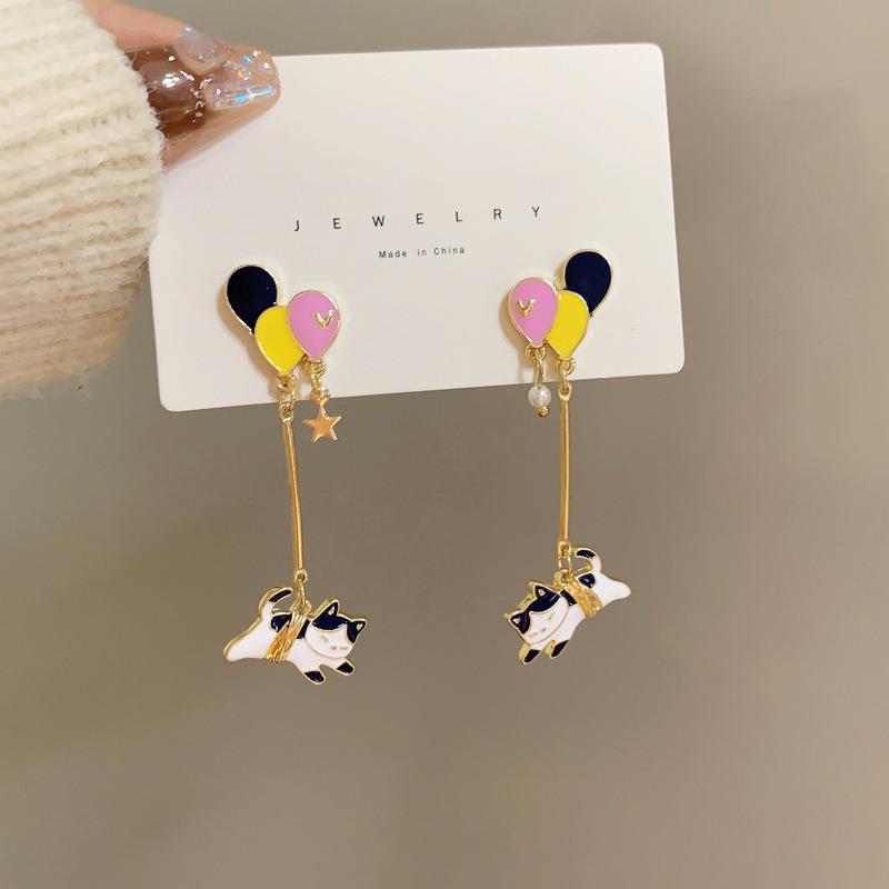 S925 Sterling Silver Cartoon Cat & Balloon Earrings for Women