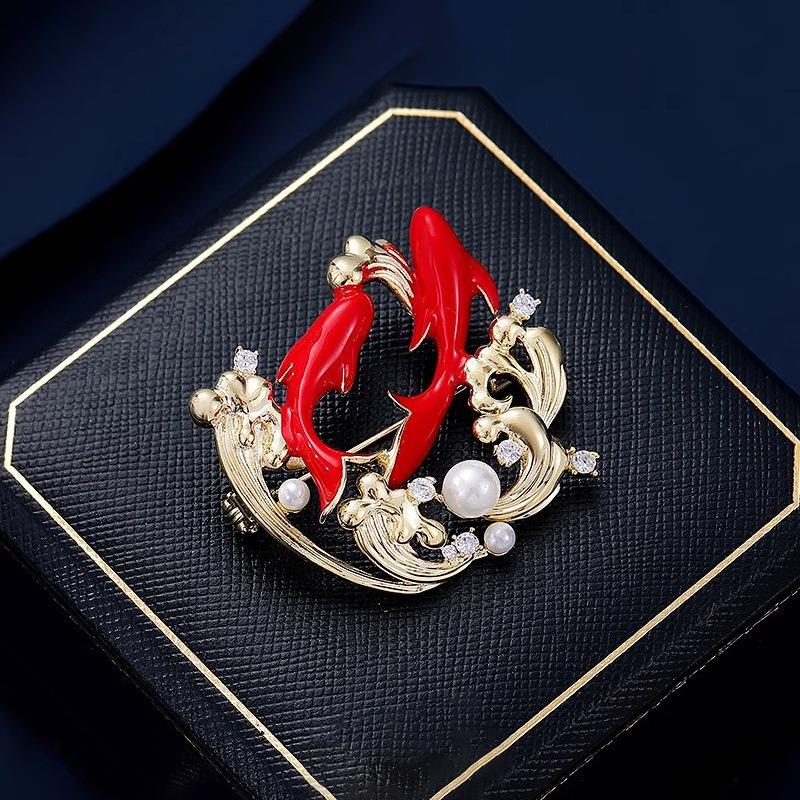 "Golden and Jade Full Hall, Koi Fish Brooch, Coat, Women's Outerwear, Lucky Corsage, Classical Chinese Style Corsage.