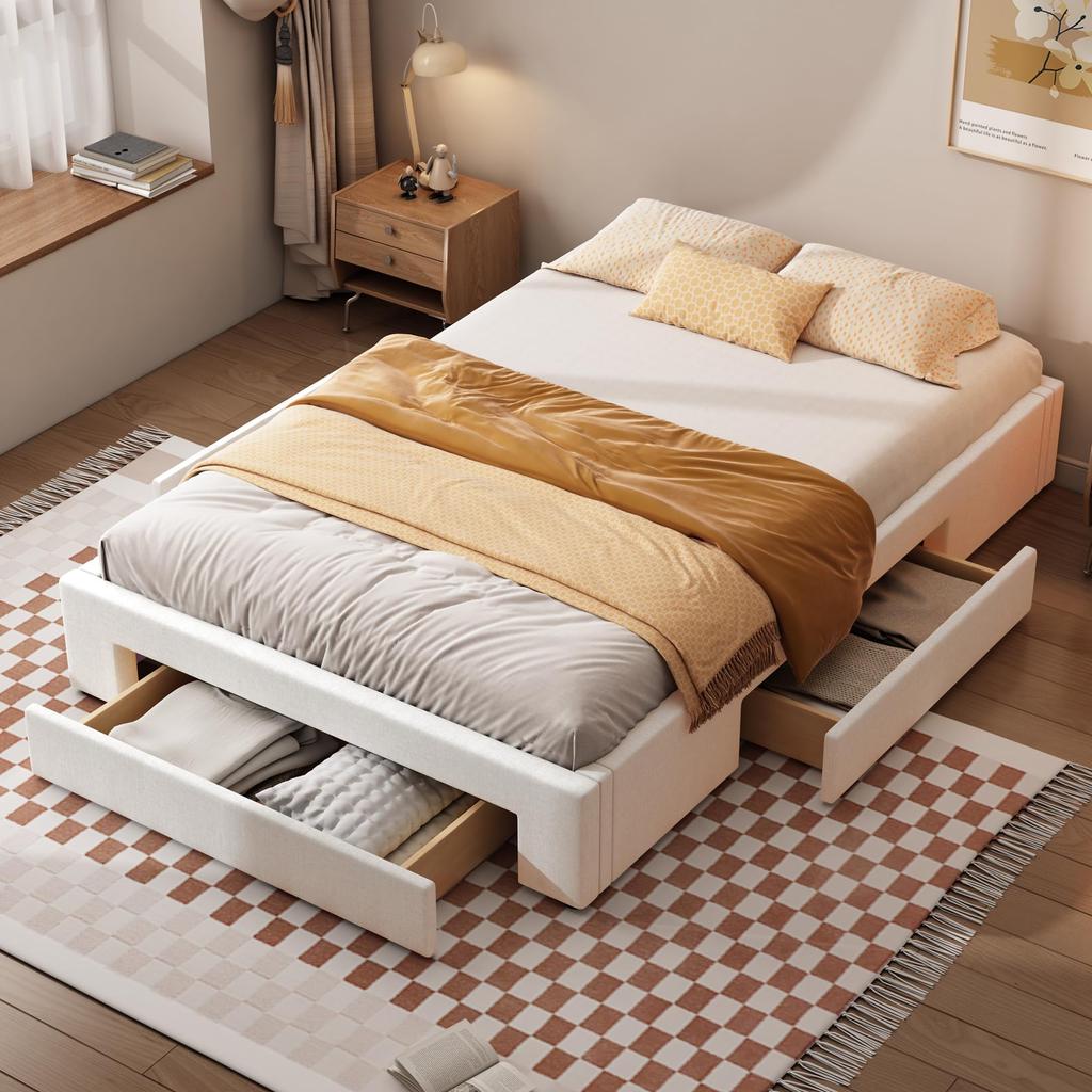 Holzbett Polsterbett 140x200 cm, Lattenrost, ohne Kopfteil, Doppelbett, 3 Ablagefächer, Grau, ohne Matratze