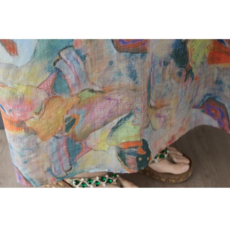 Dimanaf 2025 Dámské letní šaty Plus Size Basic Dlouhé šaty Vintage Tisk Bavlna Len Neformální Volné