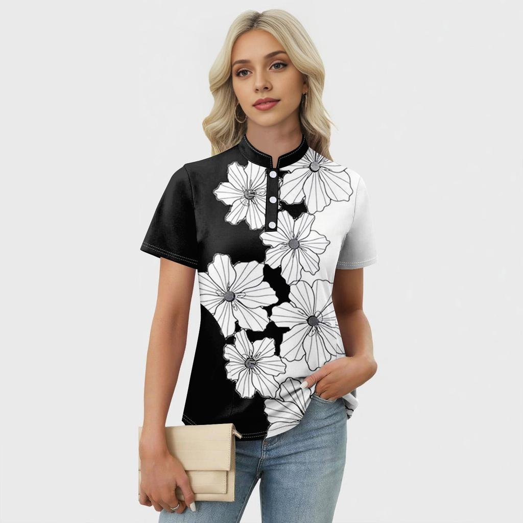 Women's Casual Floral Print V-Neck Short Sleeve Decorative Button T-Shirt Top