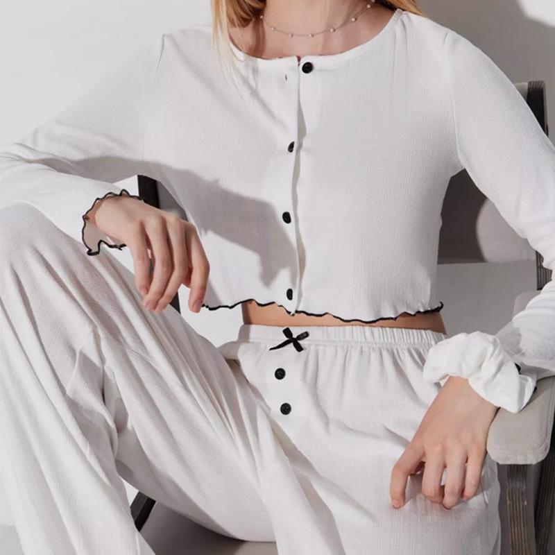 European and American fashion knitted lapel two-piece set autumn, exquisite pajama set women's sexy and thin loungewear