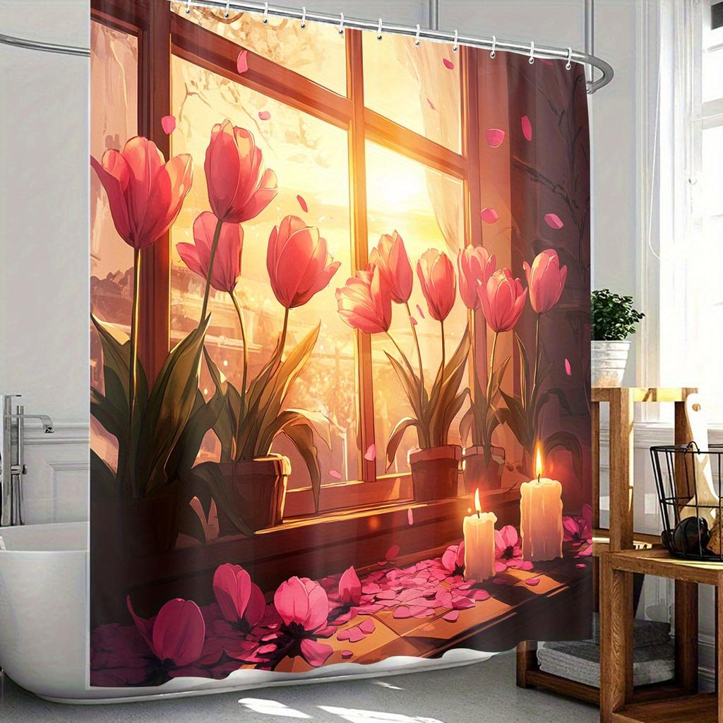 1Pc Floral Balcony Scene Polyester Shower Curtain With Hooks - Machine Washable, Digital Print, Elegant Home Decor For All Seaso