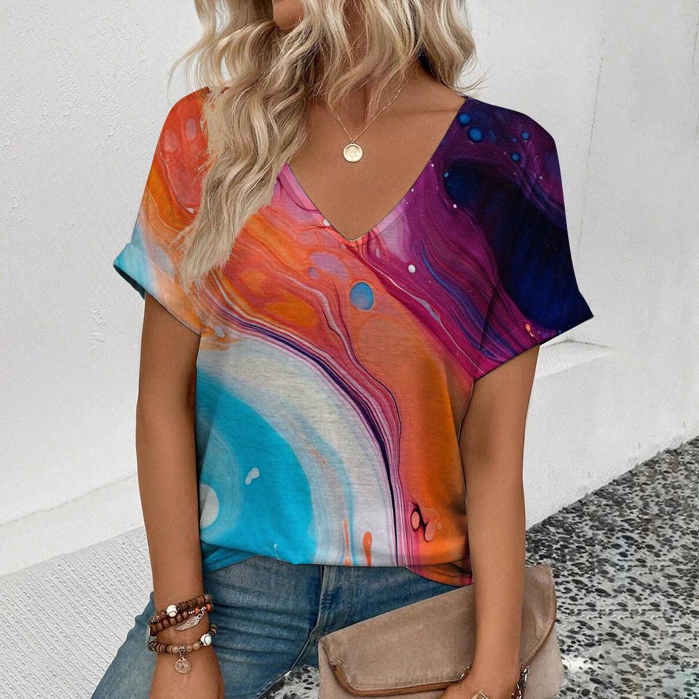 Women'sshort Sleeve V-Neck T-Shirt Colorful Tassels Pattern T-Shirt Fashion Casual Women's Elegant Comfort Large Size T-Shirt