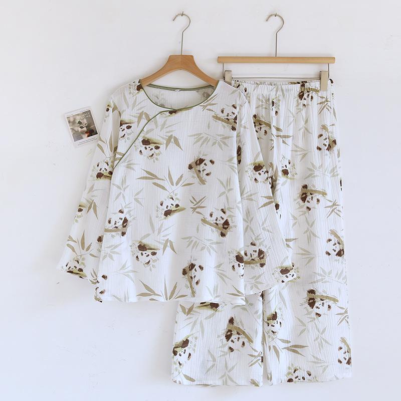 

2025 Весна и осень Новый женский пижамный комплект с рисунком из 100% хлопкового крепа в китайском стиле с длинными рукавами и длинными брюками, комплект из двух предметов для женщин M белый