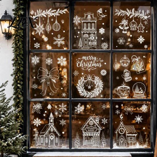 Christmas Party Window Ornaments 9Pcs Clings, Static Glass Stickers, Reusable White Line Hand-Painted Decals Electrostatic Film for Holiday