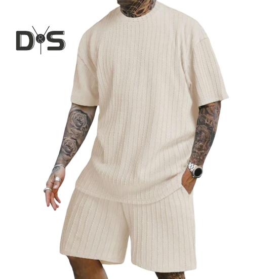 2Pcs/Set Men Sports Suit O-Neck Short Sleeve T-shirt Elastic Waist Wide Leg Shorts with Pockets Set Jacquard Texture Running Wear