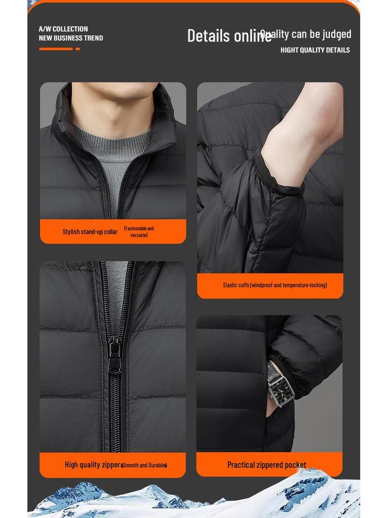 2024 Men's Lightweight Fashion Down Jacket - Short Stand Collar, White Duck Down, Warm Winter Coat