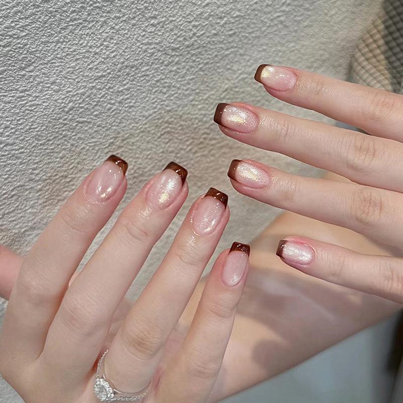 

Flash Diamond Cat Eye French Wearable Short Nail Art - Versatile One-Size False Nail Patches
