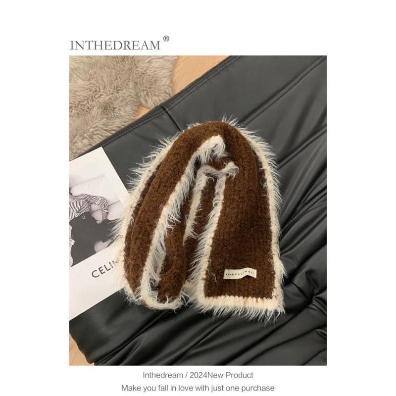 New Knitted Fur Edged Starlight White Wool Scarf for Women In Winter Warm and Versatile Small Scarf Campus Fresh