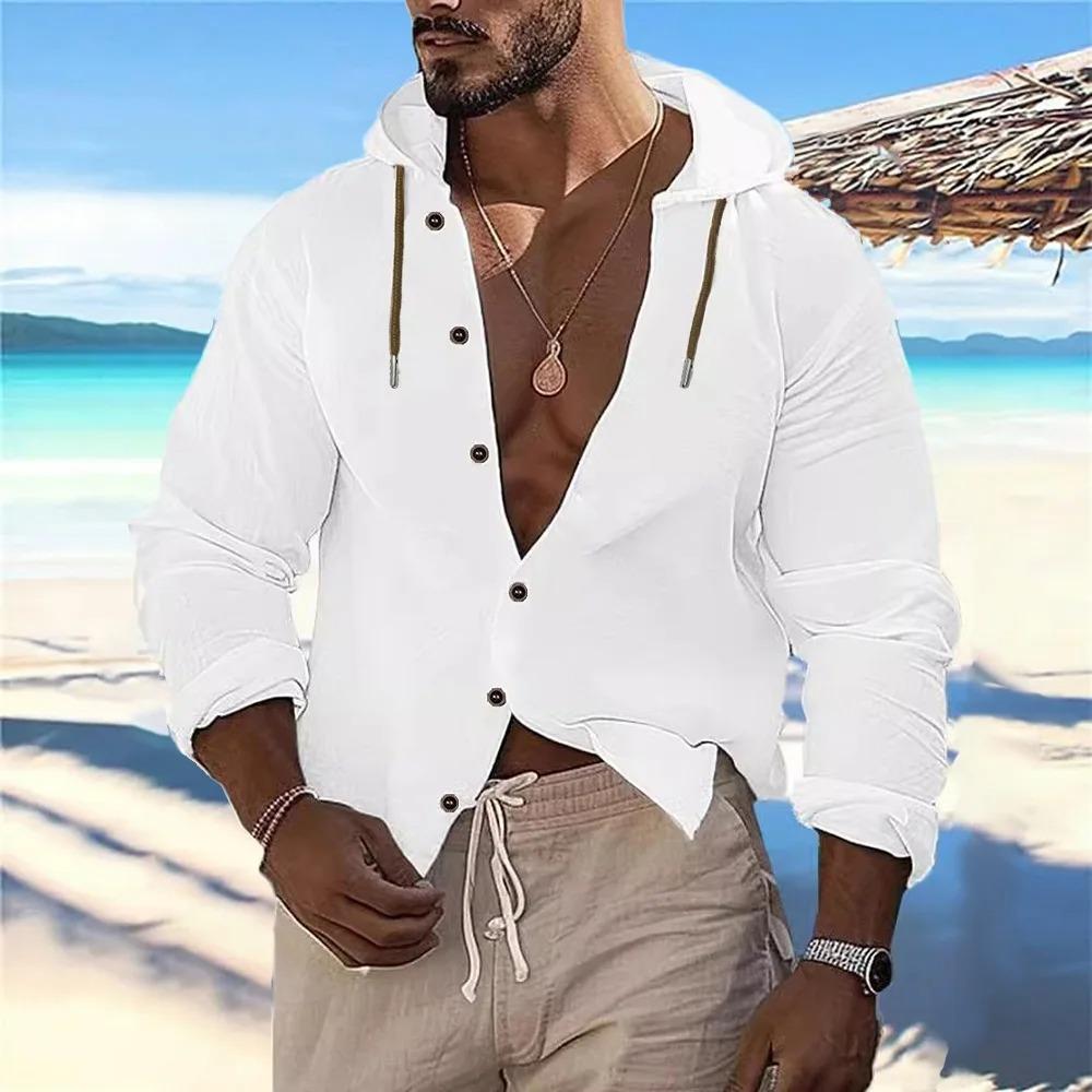 Men's Casual Cotton Linen Hooded Shirts Lightweight Breathable Vacation Tops Autumn