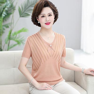 Mother Summer Dress Foreign Style Short-sleeved Top 40 Years Old 50 Years Old Women Summer Fashion Temperament Ice Silk T-shirt Small Shirt