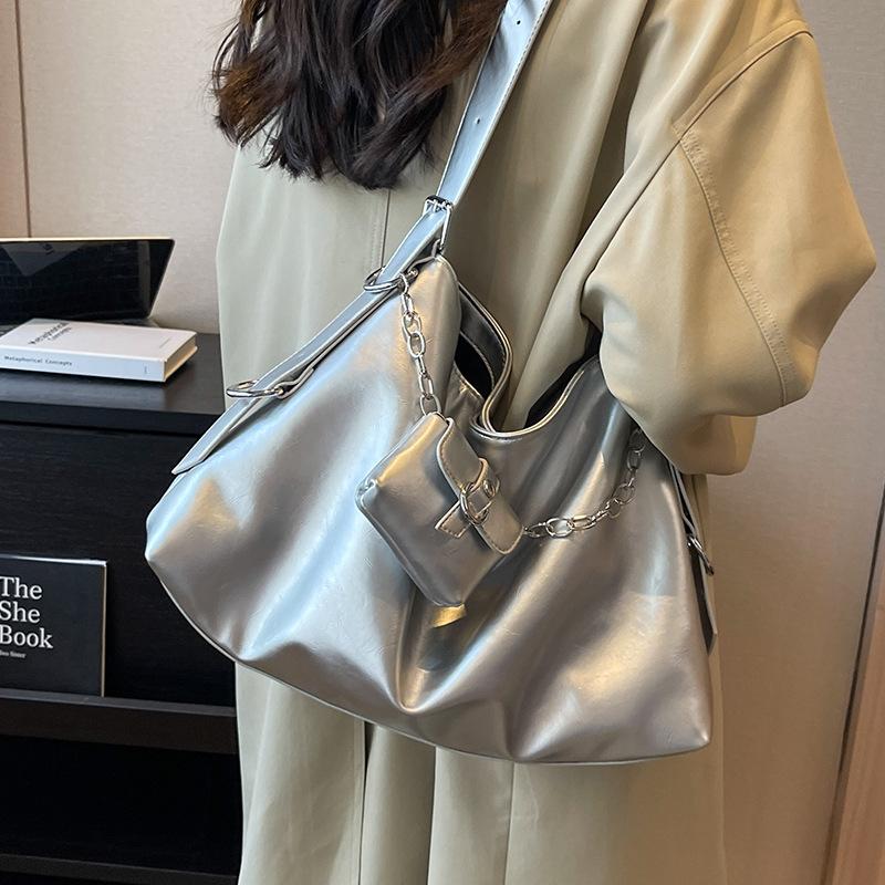 Yogodlns Fashion Women's Trend Fashion Large Capacity Silver Soft PU Leather Underarm Bag Commute Hobo Shoulder Bags
