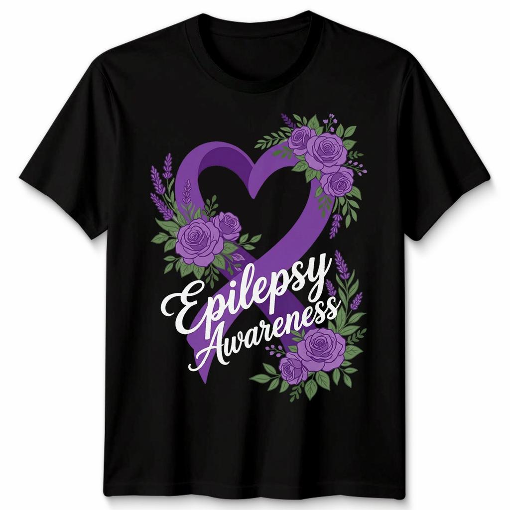 Epilepsy Awareness Heart Ribbon Floral Mens T-Shirt Womens Tee Graphic Support