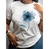 Women's Blue Watercolor Dahlia T-Shirt - Short Sleeve Round Neck Casual Top with Large White Soft Breathable Summer, Machine Washable Casual Attire