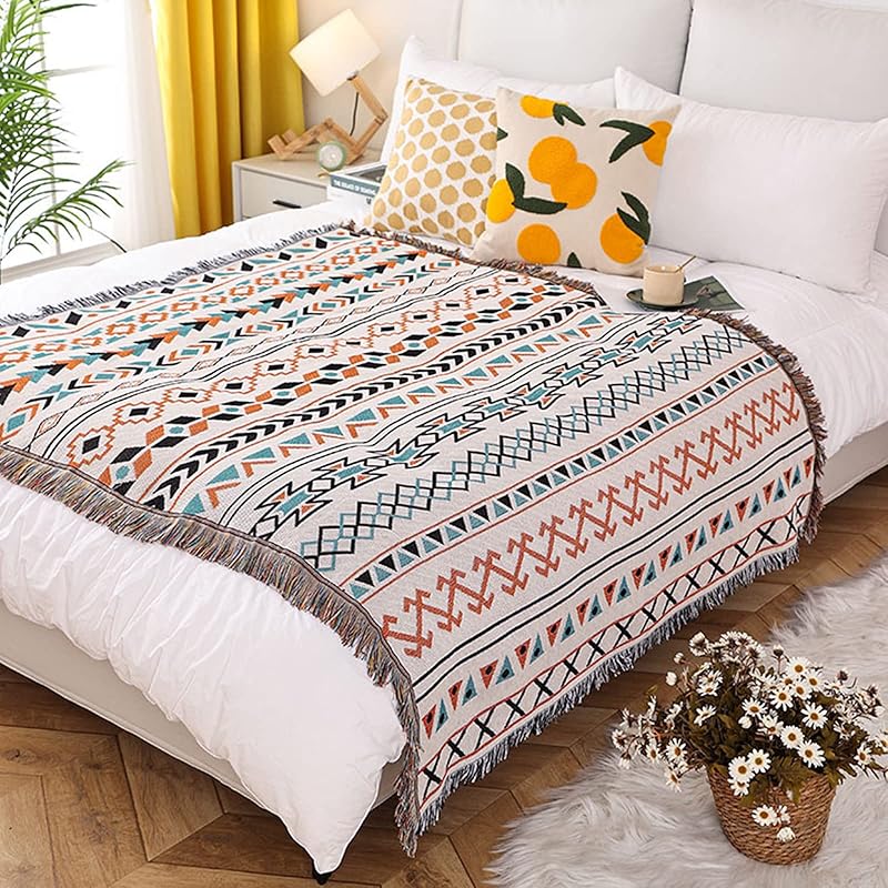 Double-Sided Cotton Woven Throw Blanket with Tassel Jungle Bohemian Style Tapestry Shawl Multi-Function Decorative Throws for Sofa Bed Armchair