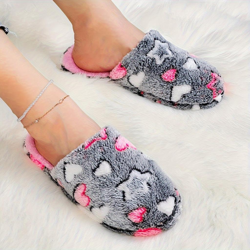 Indoor Non-Slip Fuzzy Slippers, Cute Heart and Star Pattern Slides, Plush Shoes | Plush Fabric Slides for Home Use, Casual Slip-Ons with Fleece Lining
