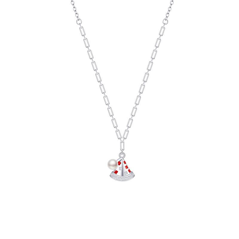 S925 Silver Winter Prelude Pearl Santa Hat Necklace: Trendy Women s Clavicle Chain