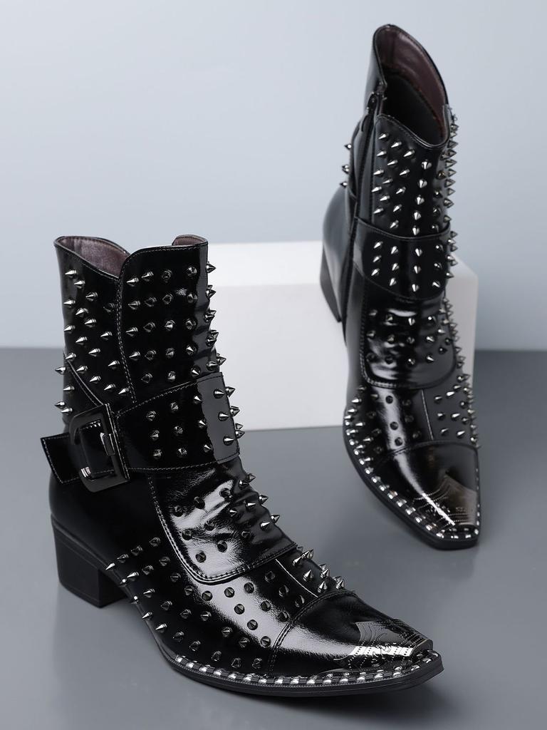 Punk Men'S Leather Boots Rivet Pointed Buckle Personalized Luxury Shoes For Man Chelsea Boots