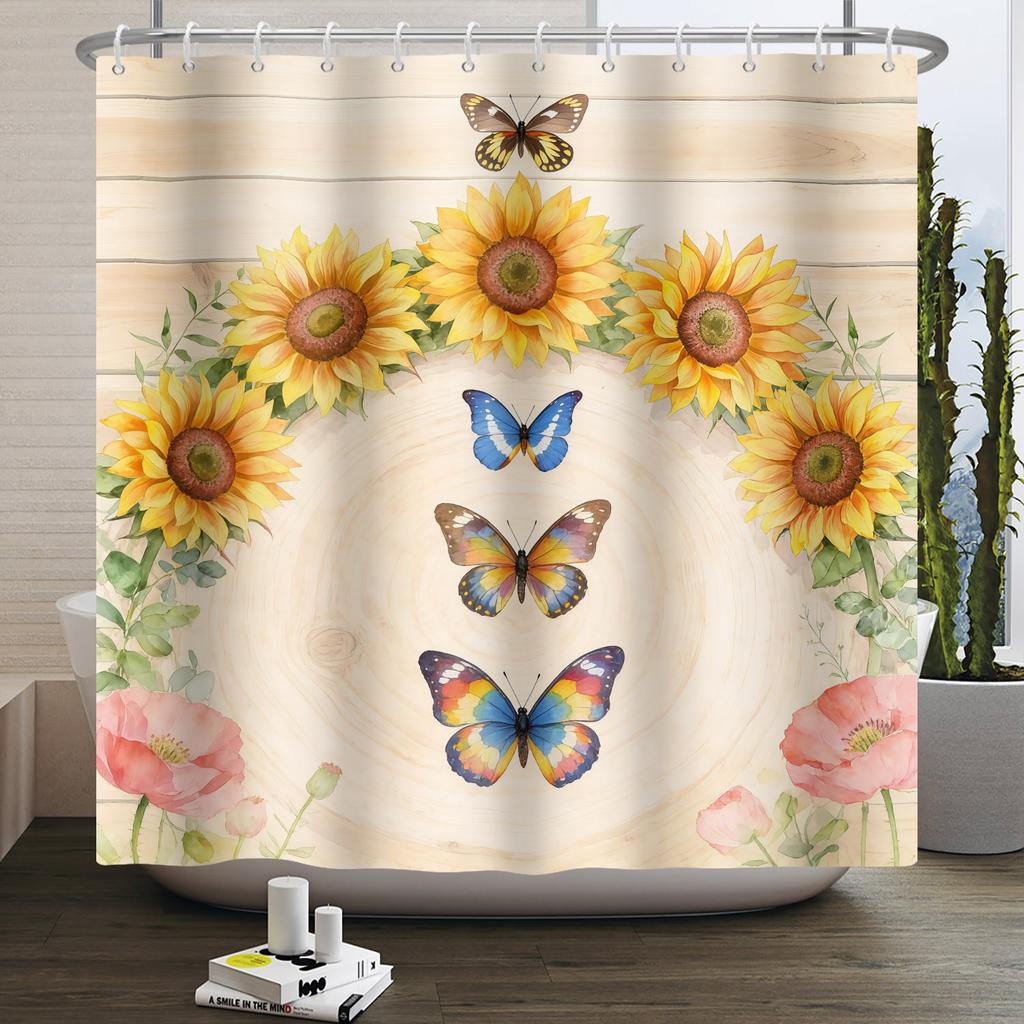 Modern Fresh Plant Shower Curtain Flowers Sunflower Hyacinth Shower Curtains Bathroom Decor Waterproof With 12 Hooks Curtains