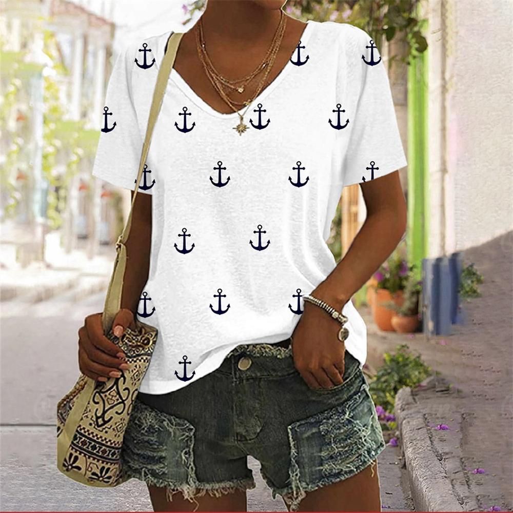Sommer Oversized T-Shirts Ankerprint Oberteil für Damenmode V-Ausschnitt Damenmode Große Größen Stil T-Shirt für Damen