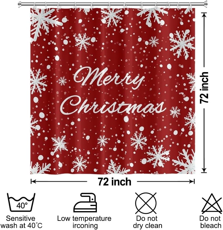 Snowflakes Shower Curtain For Bathroom Merry Christmas Decor Shower Curtain Set With Hooks Red White Snow Flowers Mas Waterproof
